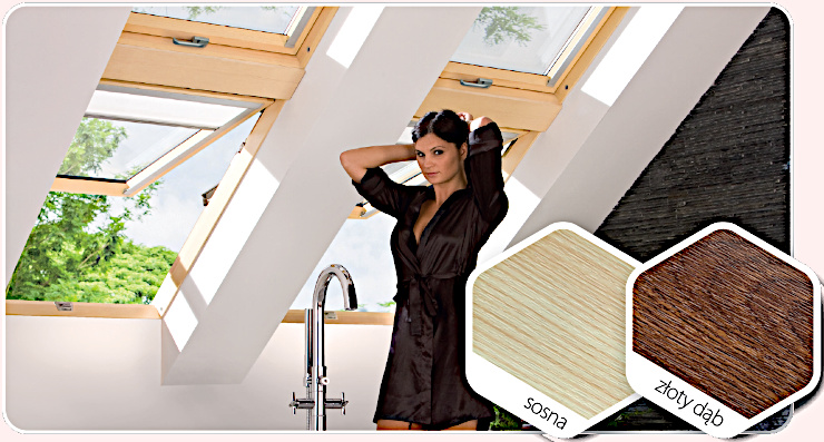 W ofercie FAKRO dostępne są okna w atrakcyjnych okleinach: sosna i złoty dąb, które wyglądają jak naturalne drewno i nadają pomieszczeniom wyjątkowego charakteru