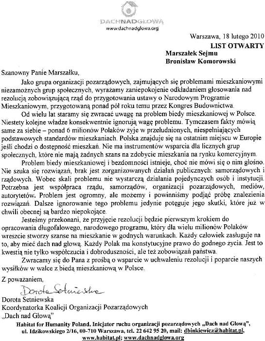 List otwarty do Marszałka-Habitat